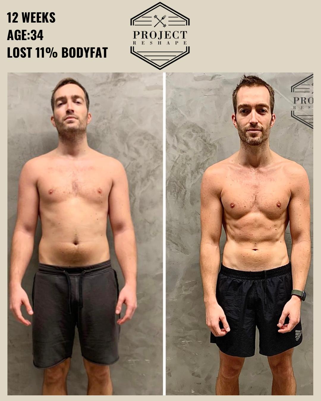 Transformation in 12 weeks at age 34 — lost 11% body fat