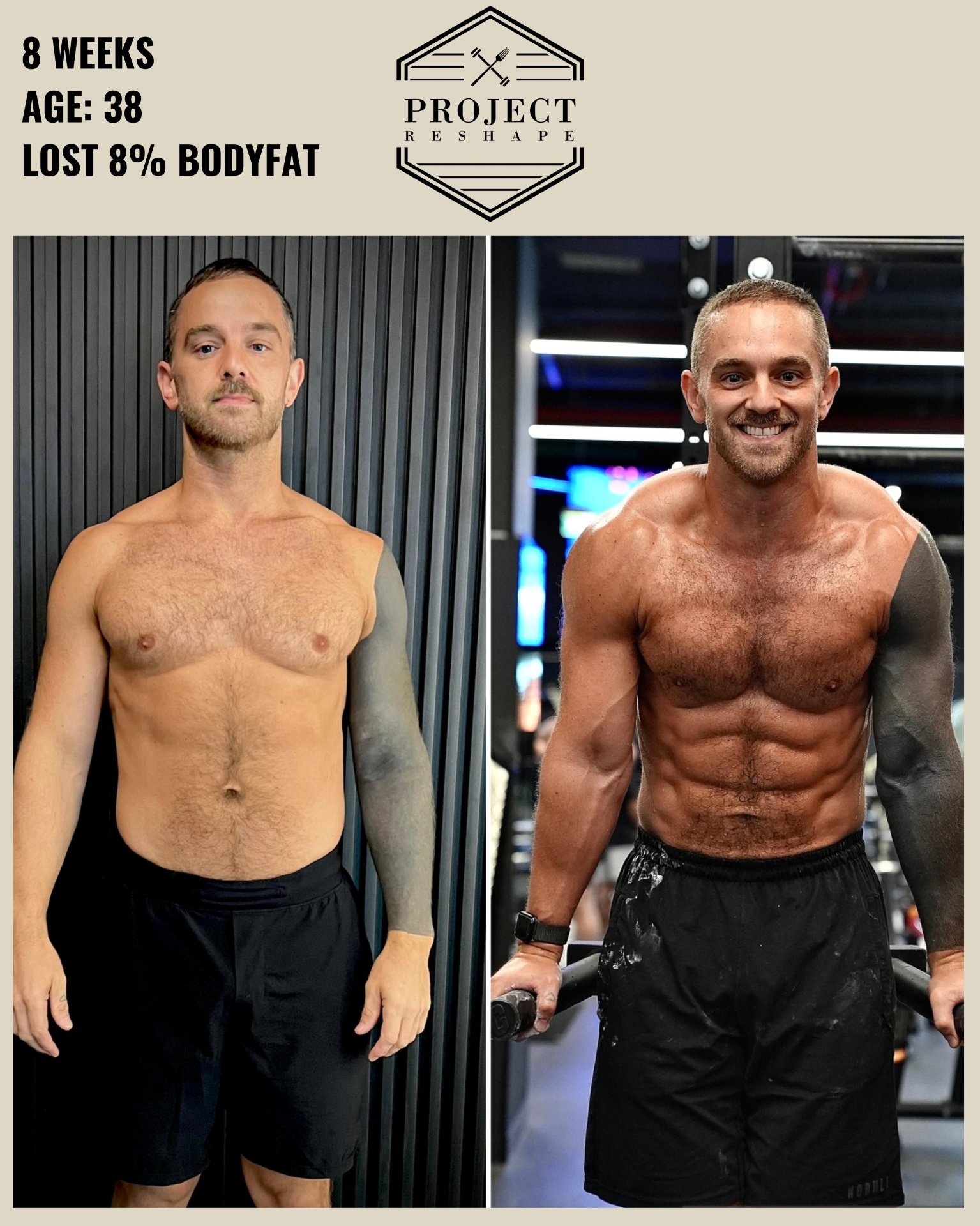 Transformation in 8 weeks at age 38 — lost 8% body fat